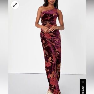 Lulus Unreal Awe Burgundy Floral Burnout Velvet One-Shoulder Dress size small